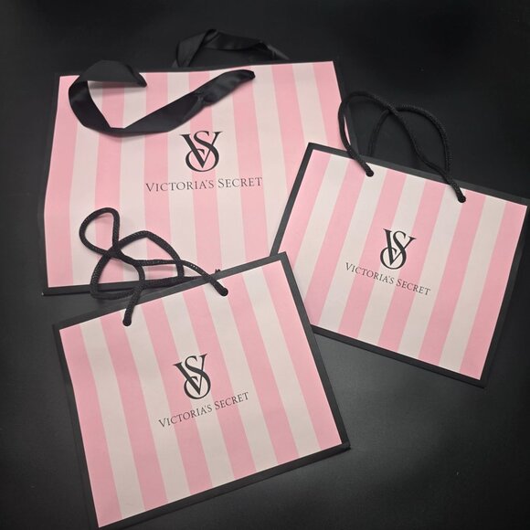 Victorias Secret Pink & White Striped Shopping Bags Set Of 3 VR1040 - Picture 1 of 5